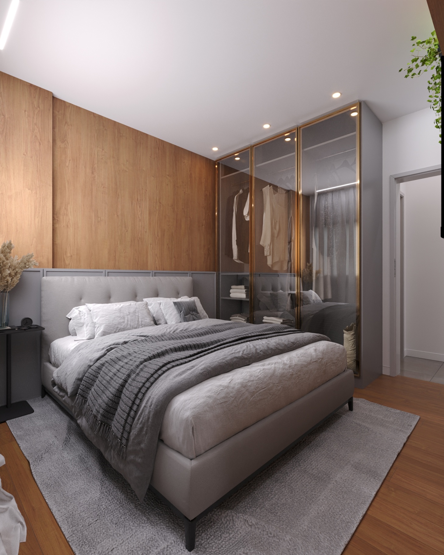 Suíte master com painel de madeira e closet em vidro do apartamento tipo Joá