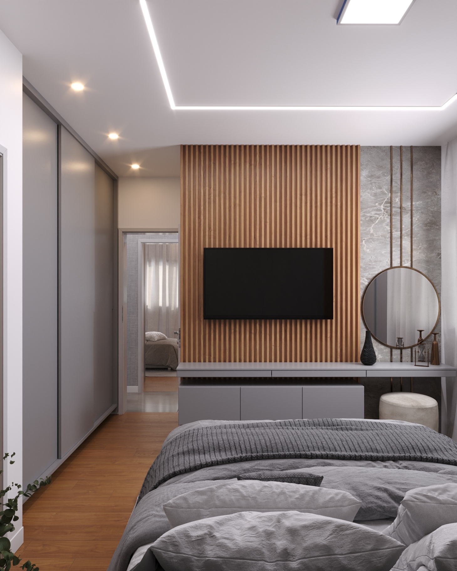 Suíte com painel ripado e bancada de penteadeira do apartamento tipo Joá