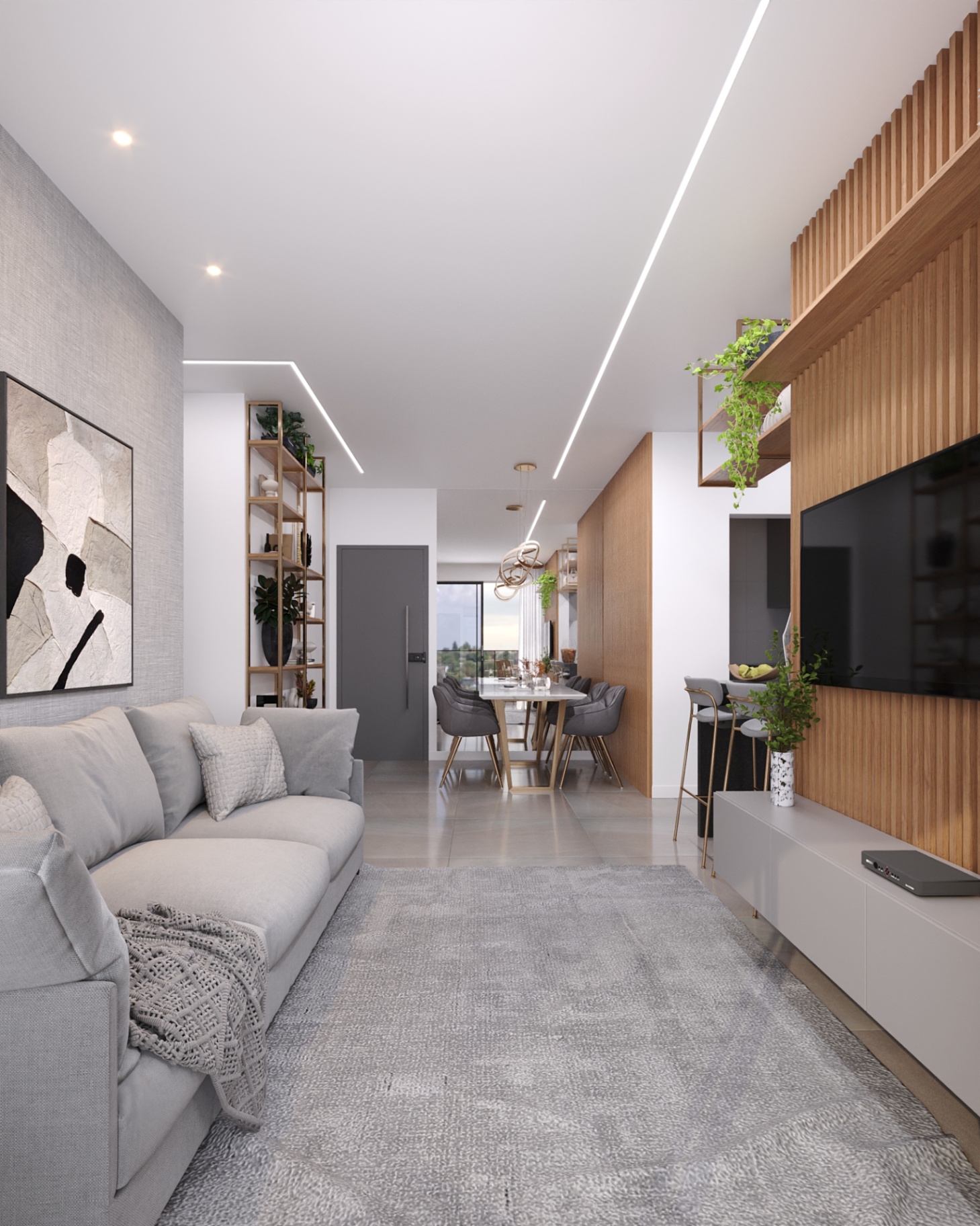 Living integrado com sala de jantar do apartamento tipo Joá