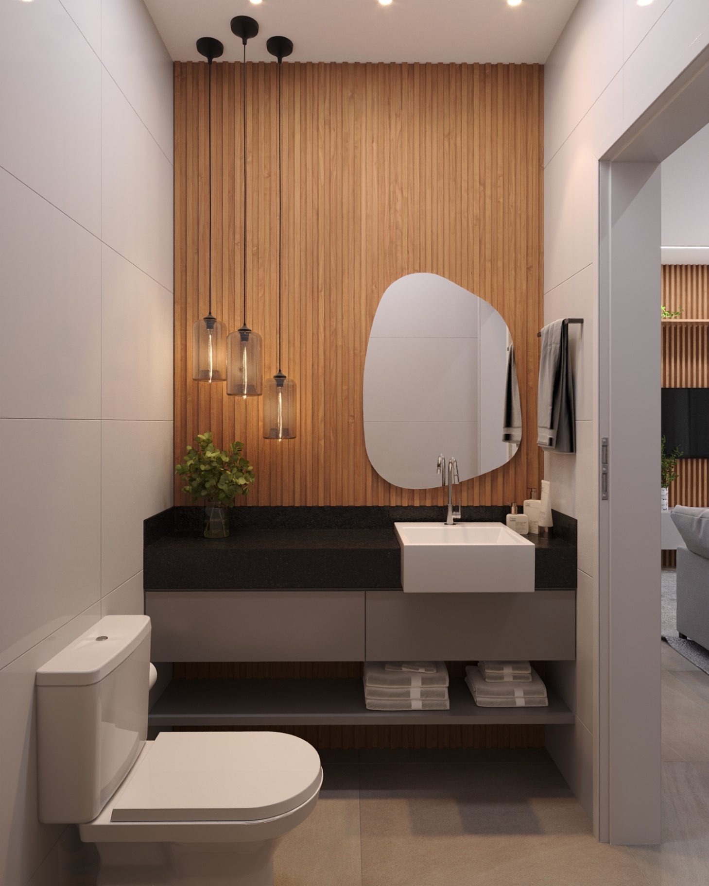 Lavabo com painel ripado e pendentes do apartamento tipo Joá