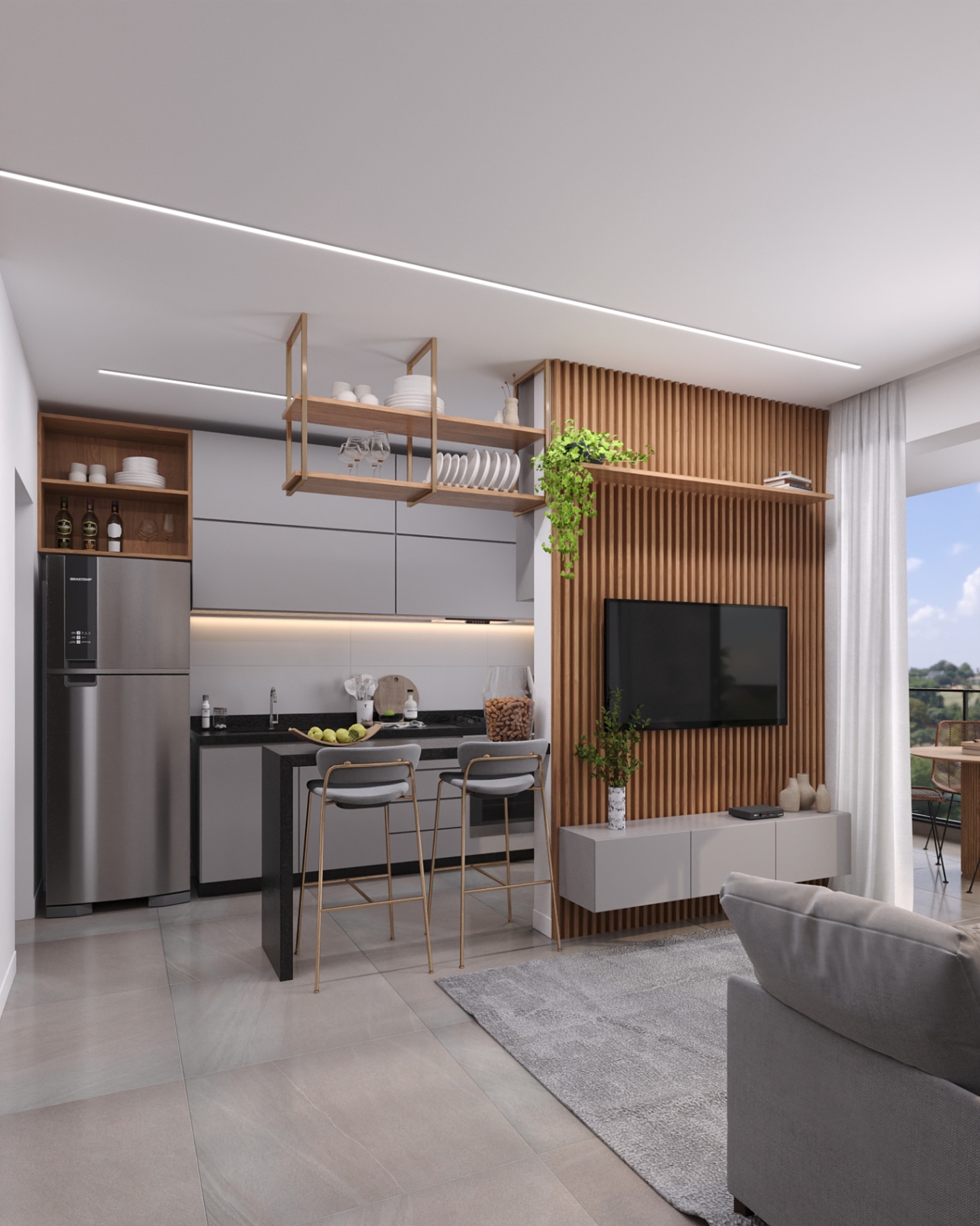 Cozinha integrada com bancada e living do apartamento tipo Joá