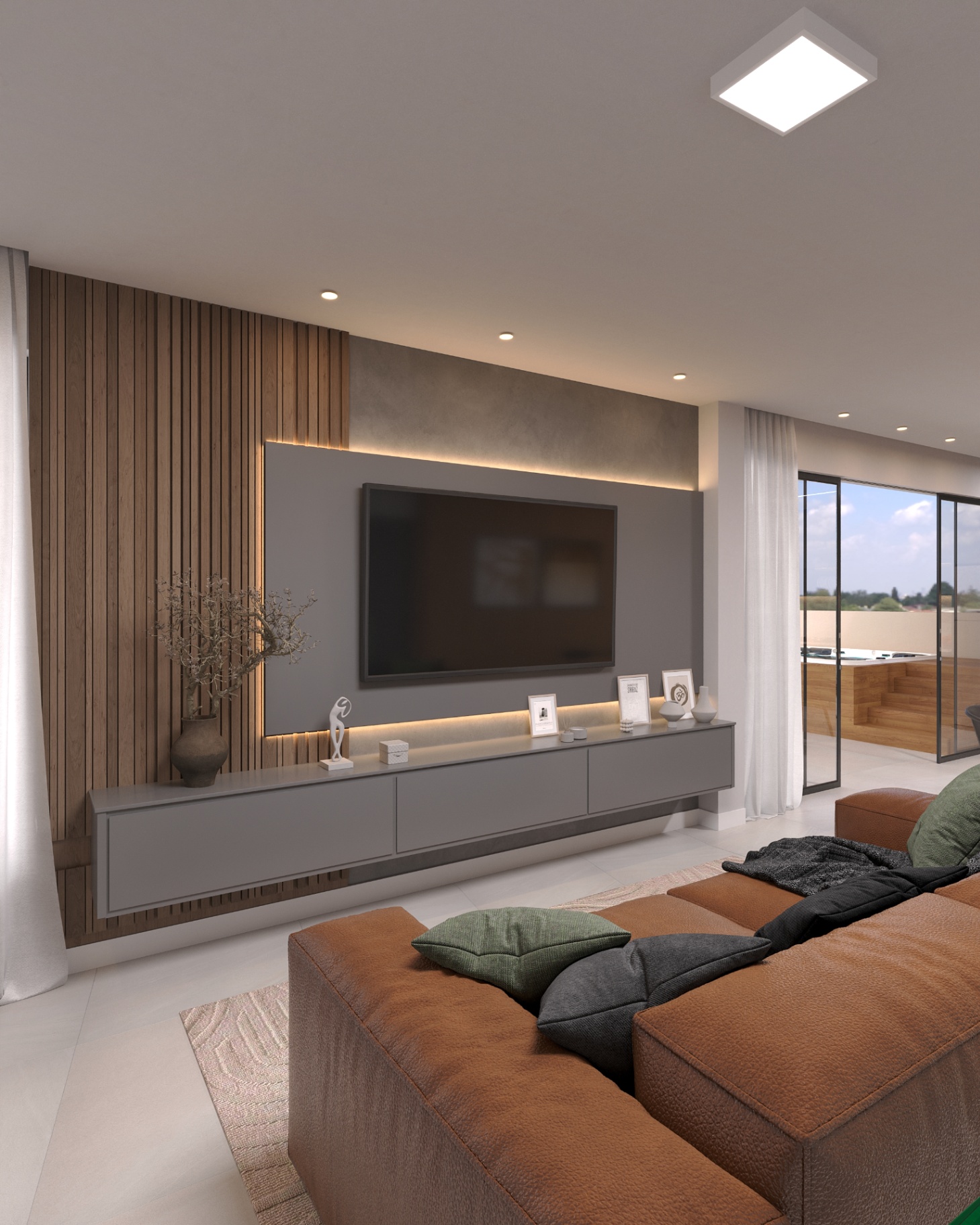 Living da cobertura com home theater, ripado de madeira e sofá amplo