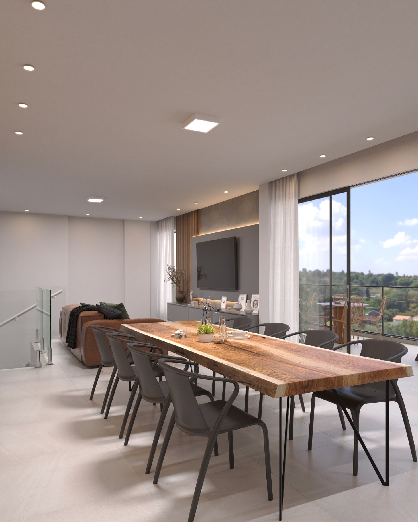 Living integrado ao jantar da cobertura com vista panorâmica
