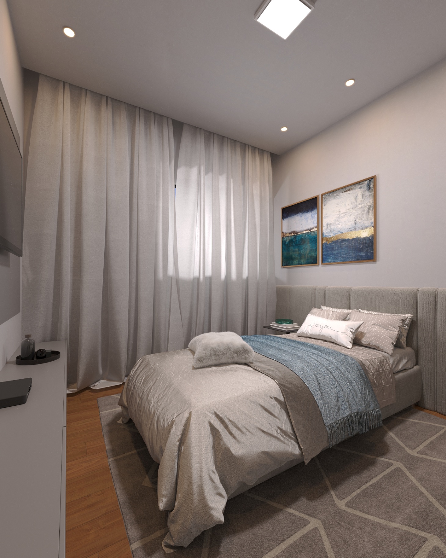 Quarto da cobertura com cabeceira estofada e piso de madeira