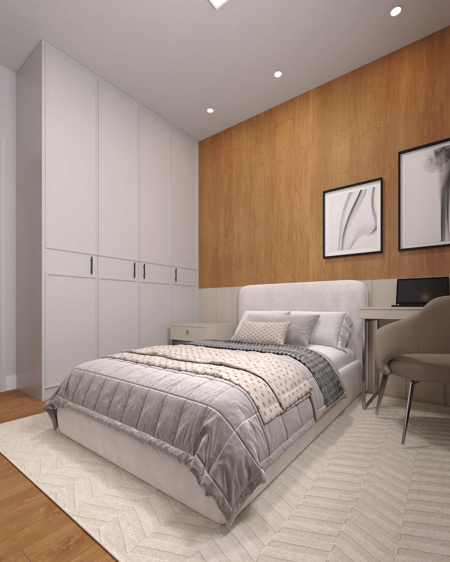 Quarto de solteiro da cobertura com painel amadeirado e home office